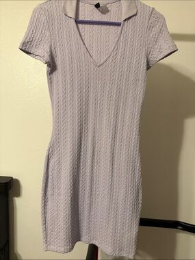 Lilac Cable-Knit Polo V-Neck Mini Dress